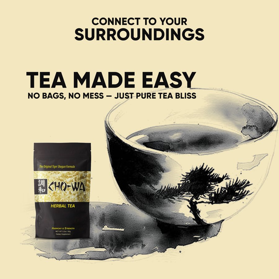 Cho-Wa herbal tea listing image with the headline Tea made easy, no bags, no mess