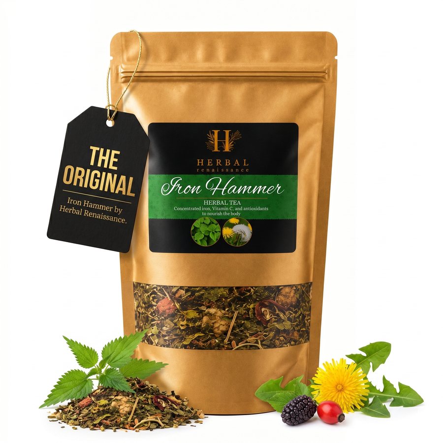 Iron Hammer herbal tea pouch on white, with loose herbs and botanicals arranged at its base