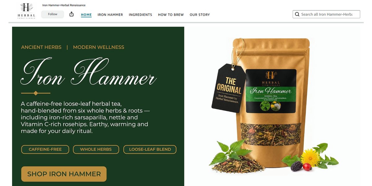 The Herbal Renaissance Amazon storefront, with an Iron Hammer hero section and product navigation